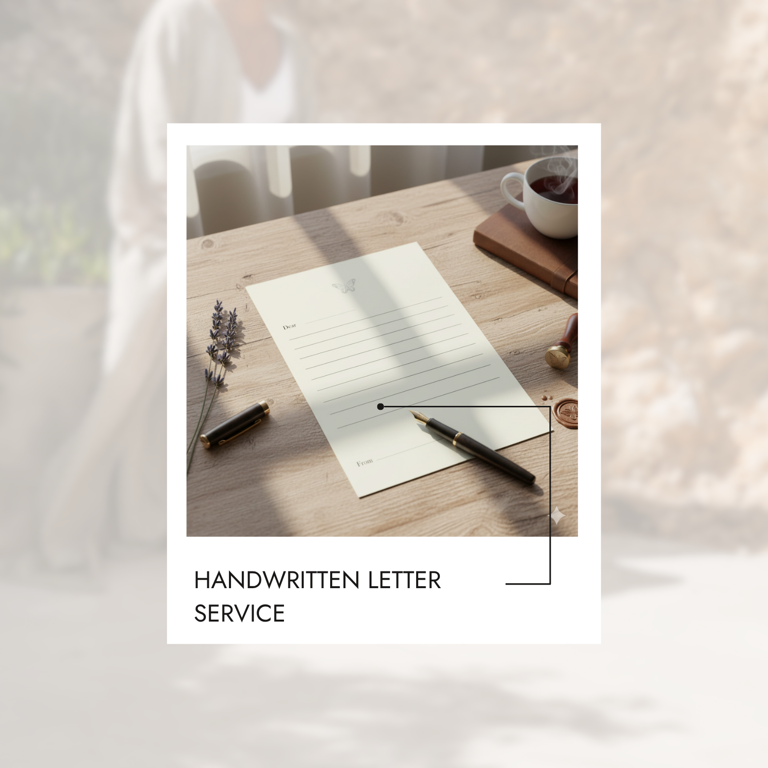 Handwritten letter service with a pen and paper on a wooden table.