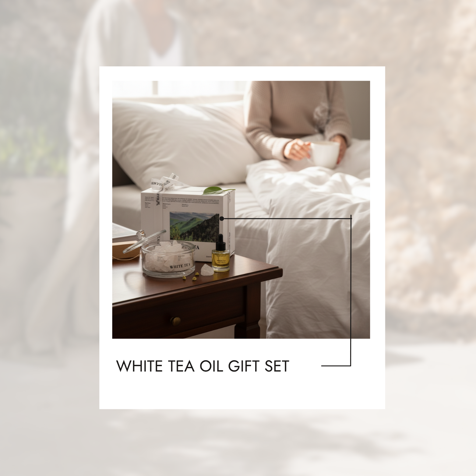 White tea oil gift set on a table with a blurred background