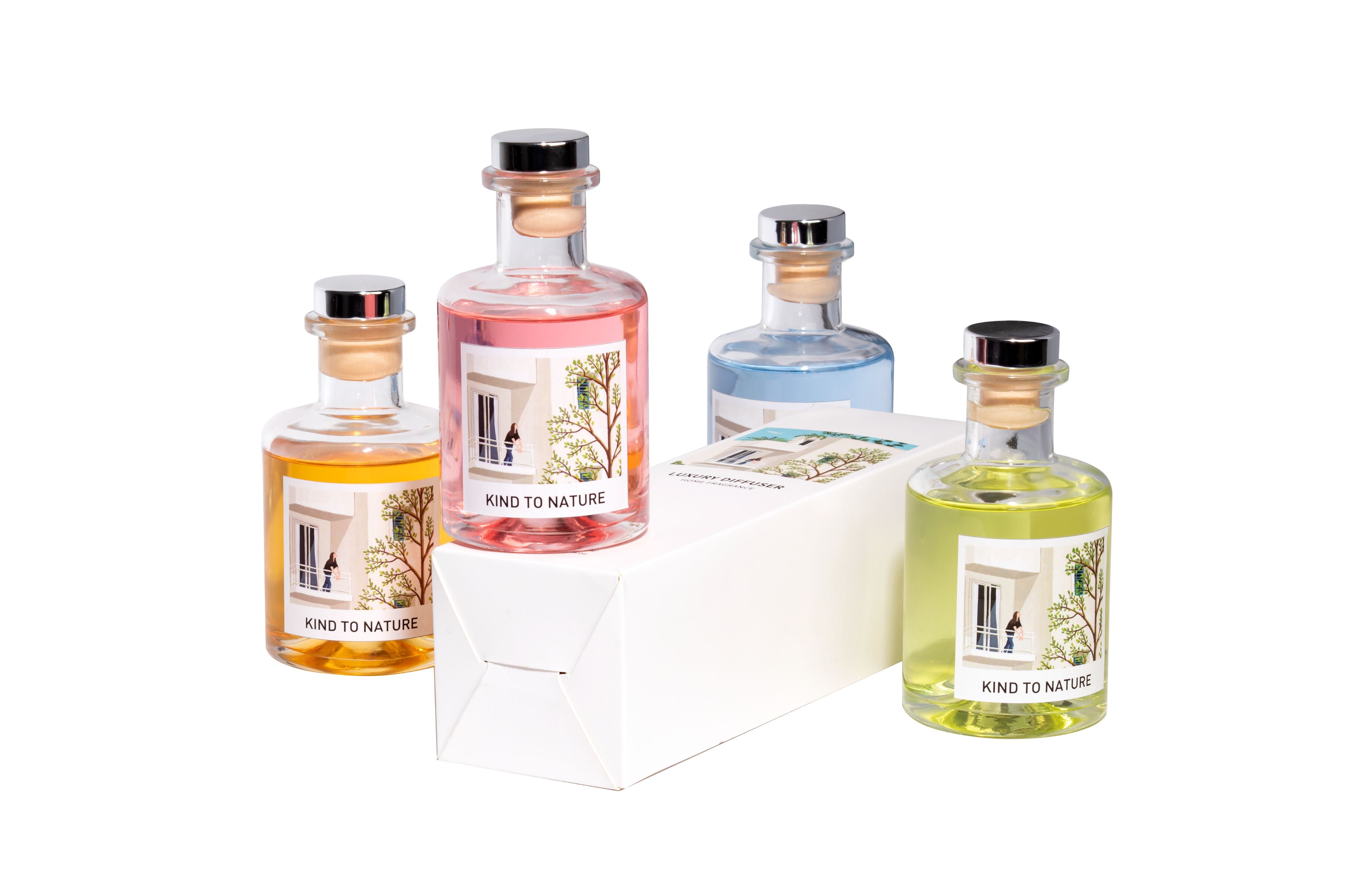 Kind to Nature Premium Reed Diffuser Set, 4 Signature Fragrances, Decorative Glass Bottles