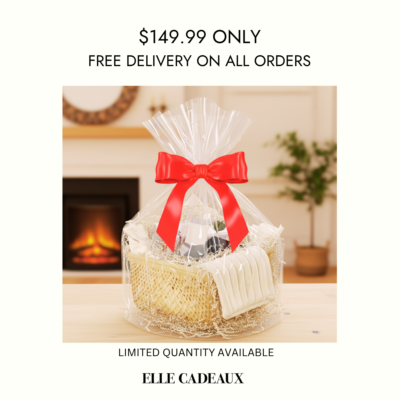 Gift basket with a red bow on a table in a room with a fireplace and plant.