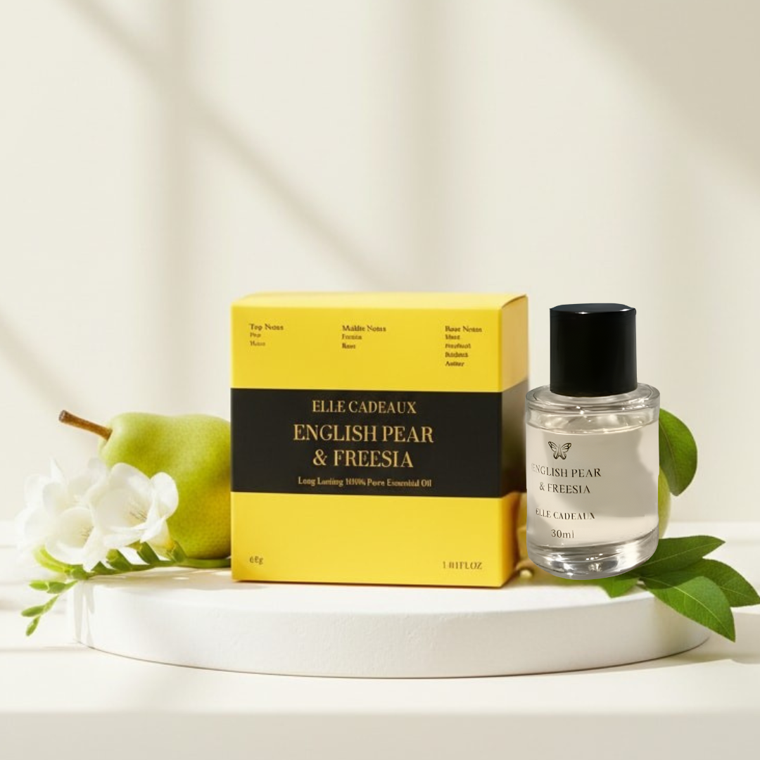 Elle Cadeaux English Pear & Freesia fragrance oil bottle and gift box with pear and white flowers