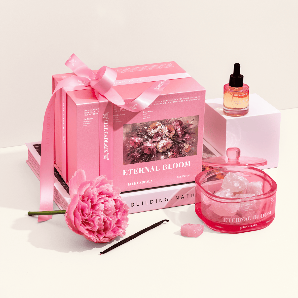 Eternal Bloom fragrance oil applied to decorative pink crystals in a glass diffuser vessel