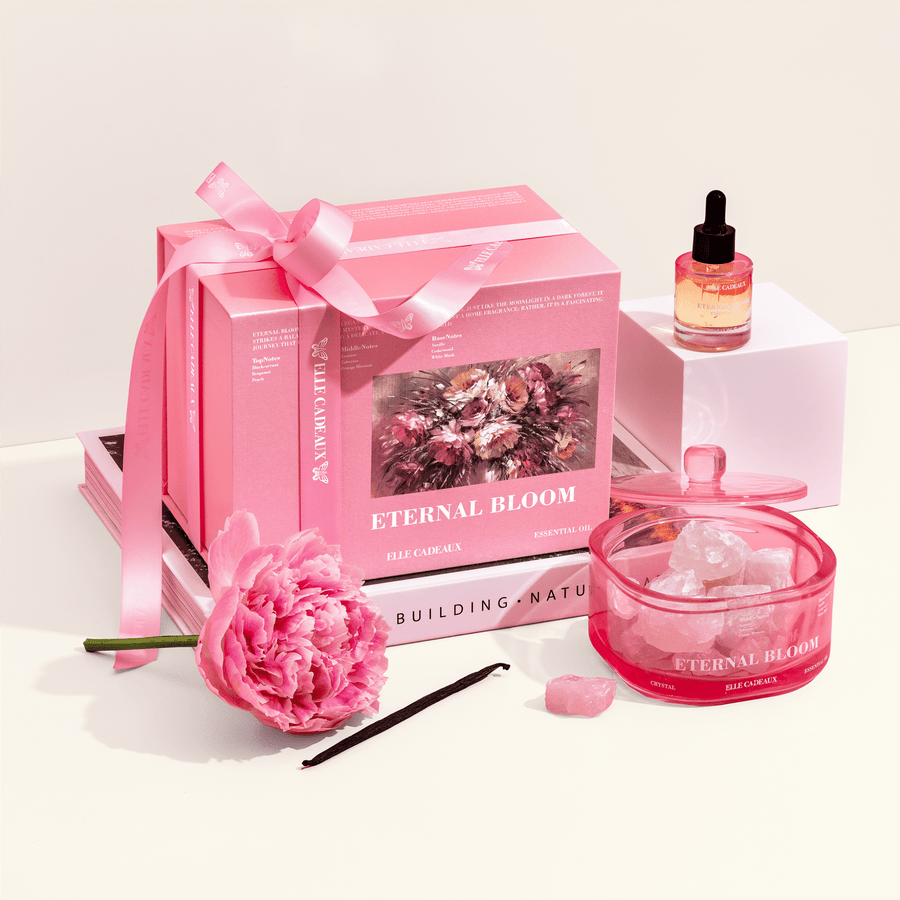 Eternal Bloom fragrance oil applied to decorative pink crystals in a glass diffuser vessel