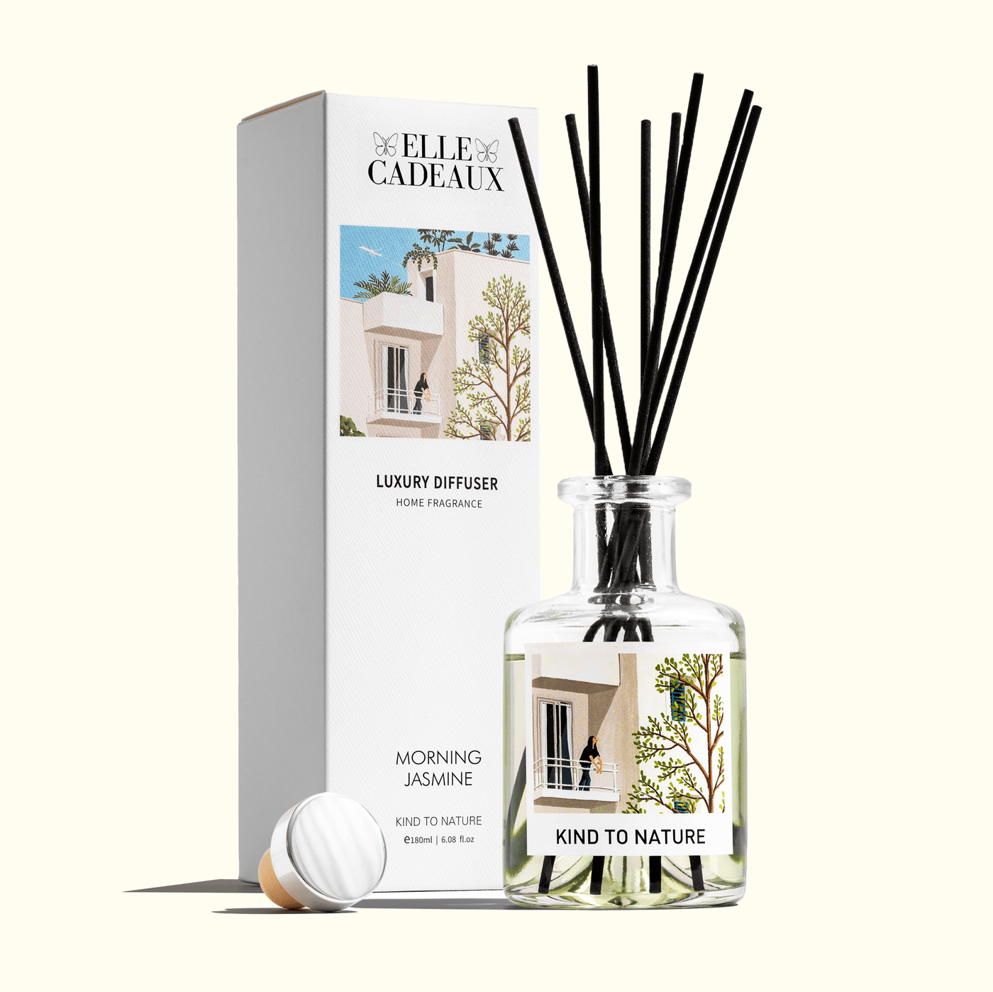Elle Cadeaux White Jasmine luxury reed diffuser 6oz bottle with black reeds and premium gift box on cream background