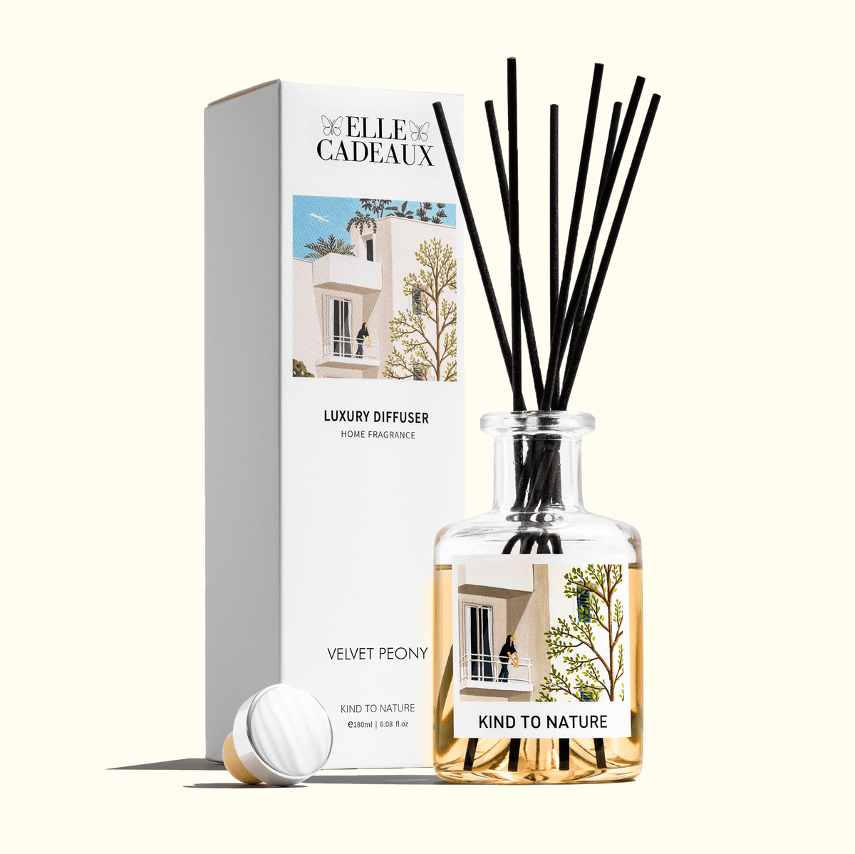 Elle Cadeaux Velvet Peony luxury reed diffuser 6oz bottle with black reeds and premium gift box on cream background