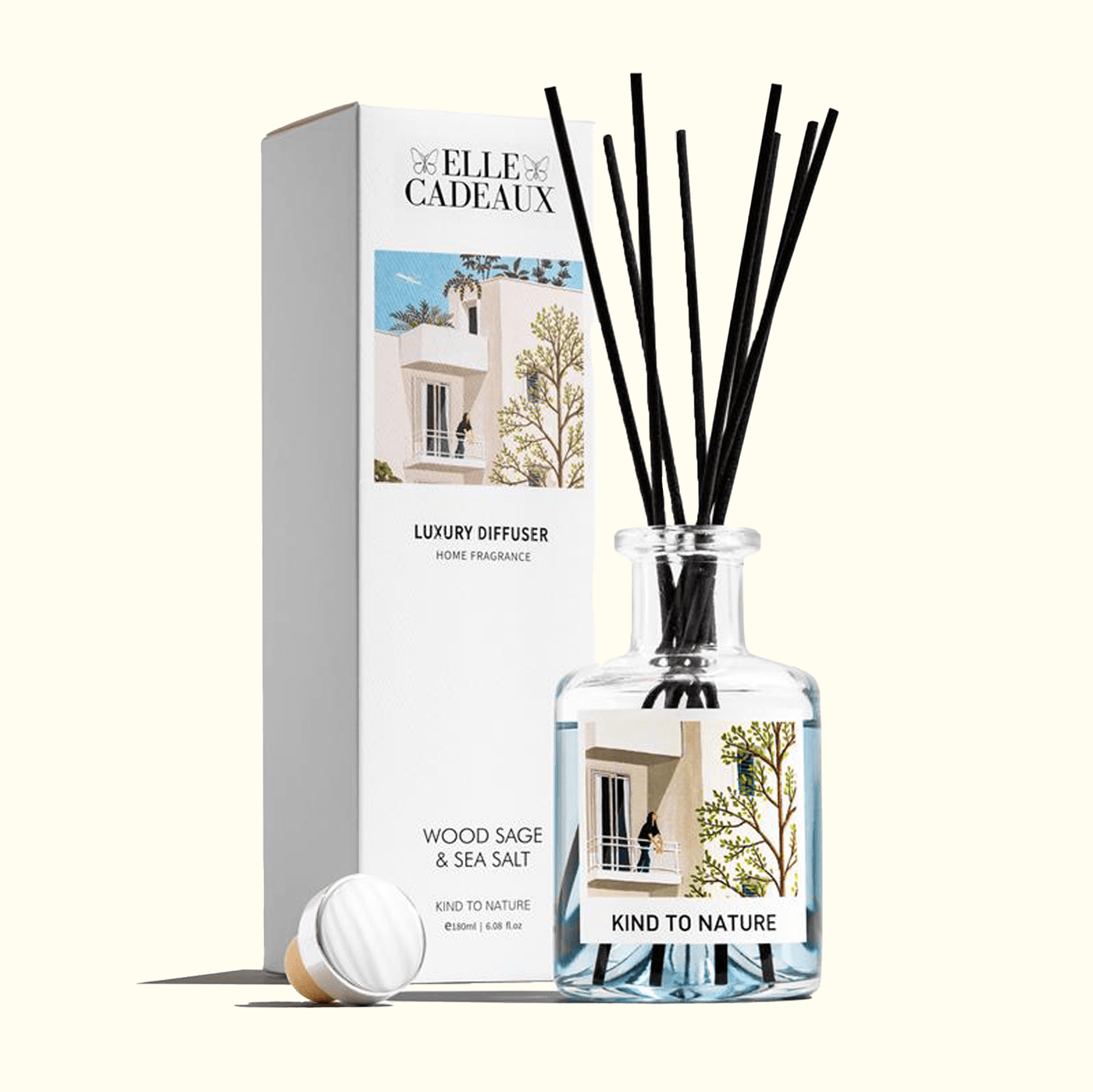 Elle Cadeaux Wood Sage & Sea Salt 6oz luxury reed diffuser bottle with gift box on white background