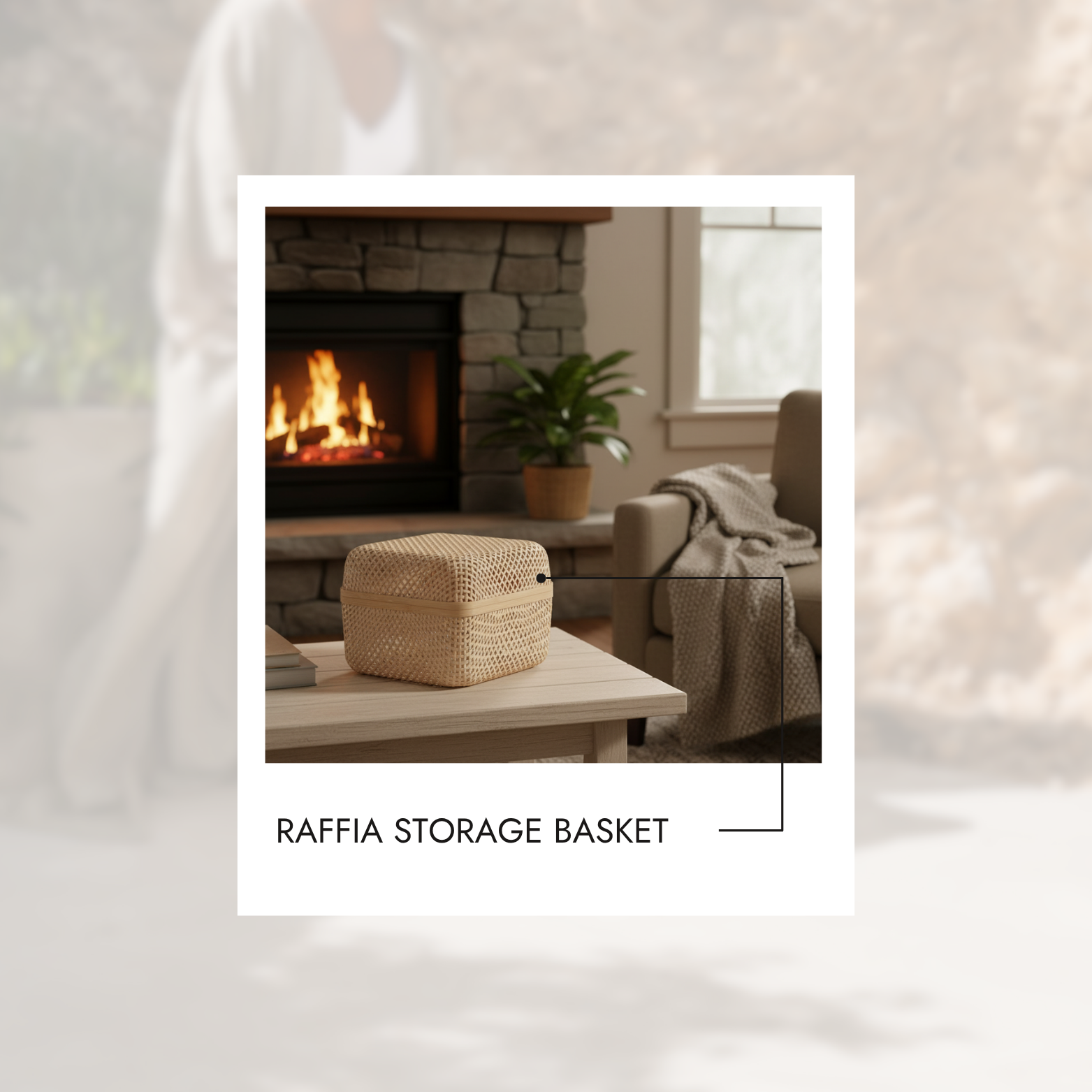Raffia storage basket on a table in a cozy living room with a fireplace.