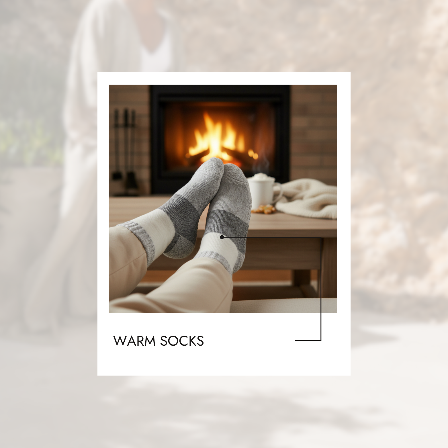 Person wearing gray socks with a fireplace in the background