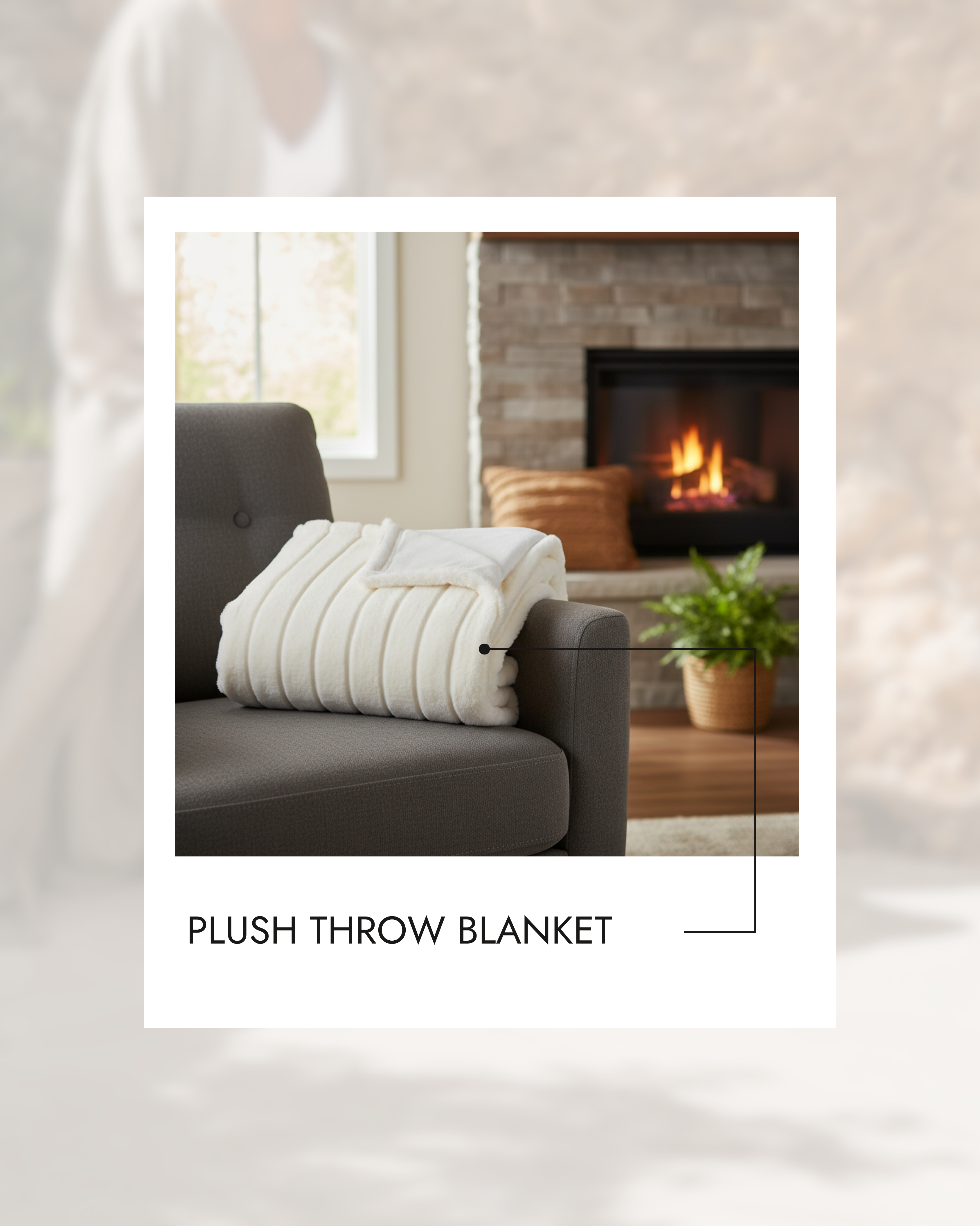Plush throw blanket on a gray sofa in a cozy living room with a fireplace.