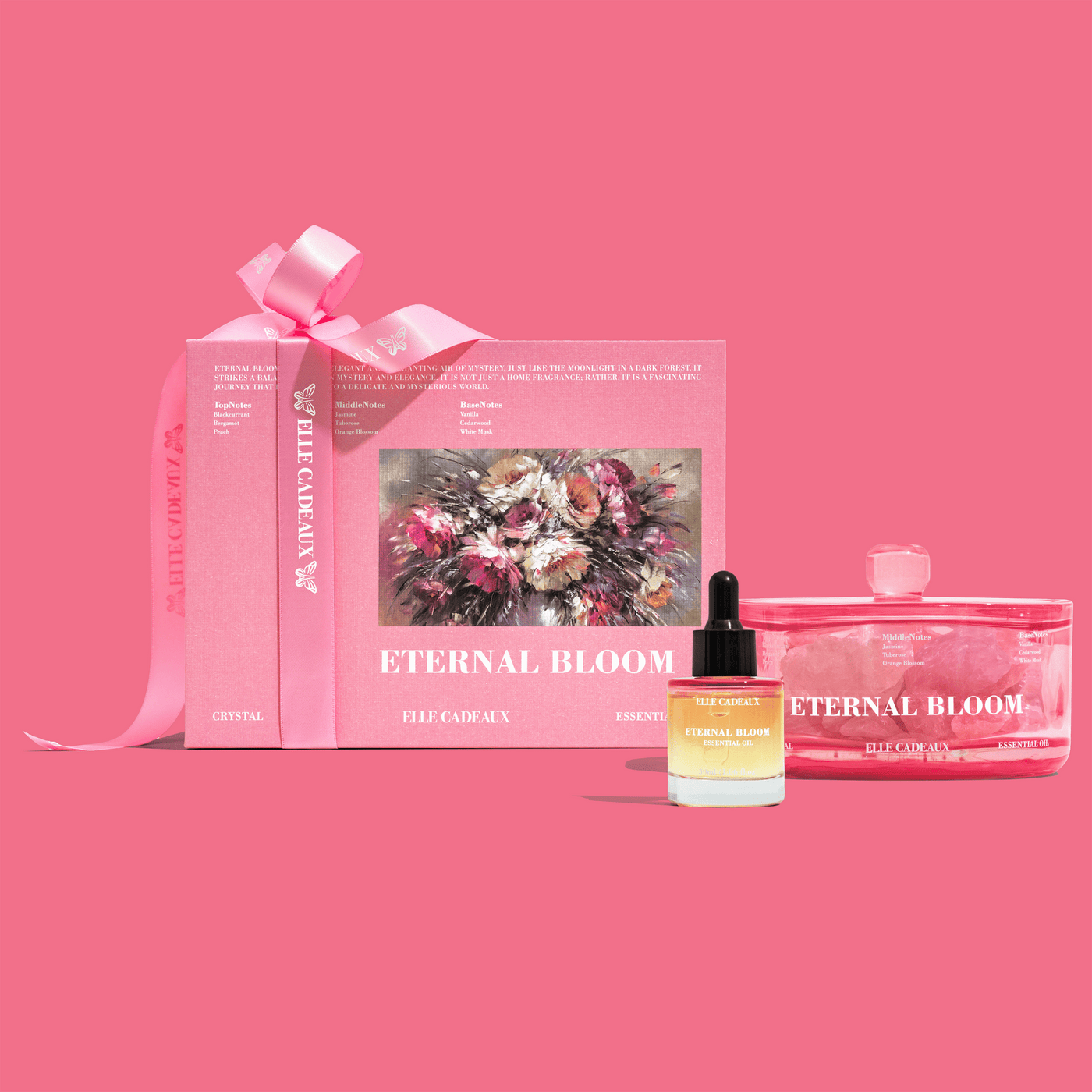 Eternal Bloom crystal diffuser gift set packaging and fragrance oil