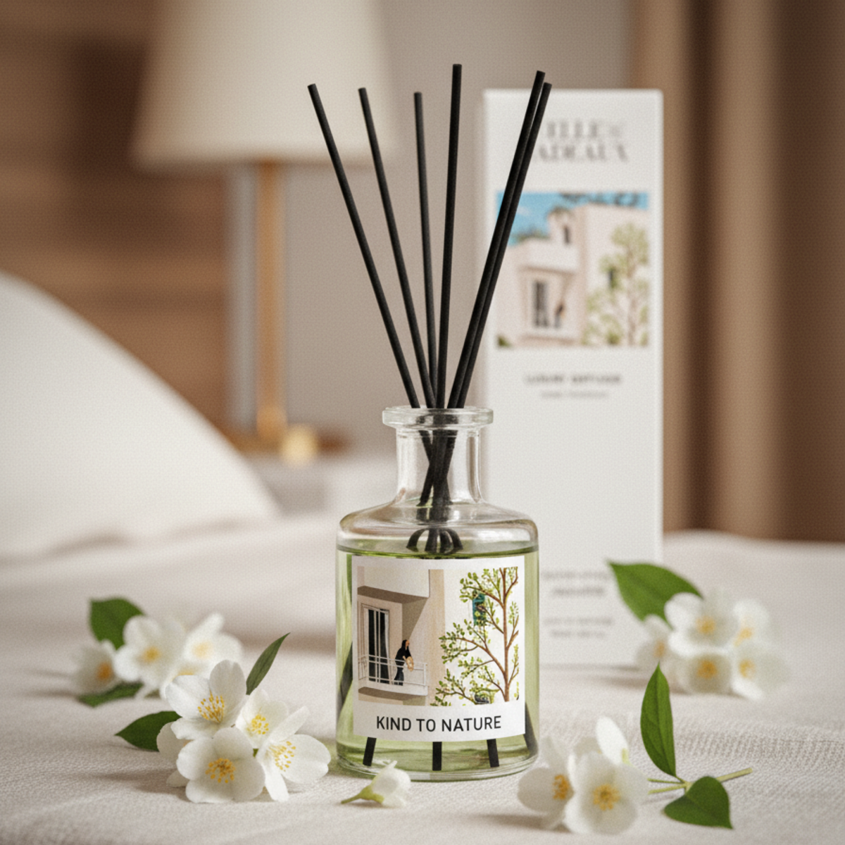 Elle Cadeaux White Jasmine reed diffuser with fresh white jasmine flowers on linen surface in warm bedroom lifestyle setting